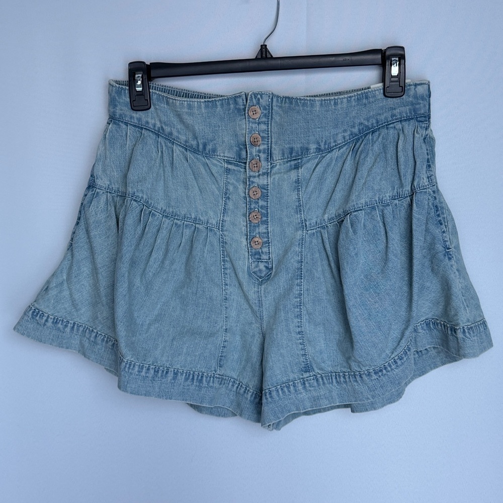 Free People Fleur Pleated Denim Shorts XL Ultra High Rise Belle Blue - Picture 7 of 9